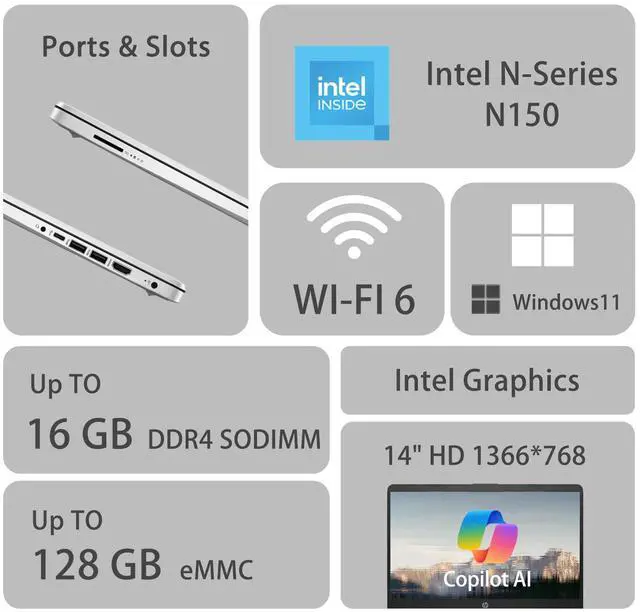 Alt view image 2 of 7 - HP Premium 14" HD Laptop, Copilot AI, Intel N150, 4GB RAM, 128GB eMMC, SD Card Reader, Webcam, HDMI, Wi-Fi 6, Windows 11 Home, Silver