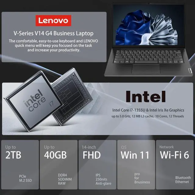 Alt view image 2 of 7 - Lenovo V-Series V14 G4 Business Laptop, 14" FHD, Intel Core i7-1355U, 16GB RAM, 1TB SSD, Webcam with Privacy Shutter, Wi-Fi 6, HDMI, Windows 11 Pro, Black