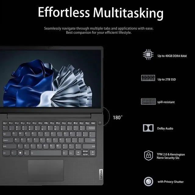 Alt view image 5 of 7 - Lenovo V-Series V14 G4 Business Laptop, 14" FHD, Intel Core i7-1355U, 16GB RAM, 1TB SSD, Webcam with Privacy Shutter, Wi-Fi 6, HDMI, Windows 11 Pro, Black