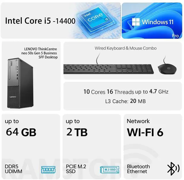 Alt view image 2 of 6 - Lenovo ThinkCentre Neo 50s SFF Business Desktop, Intel Core i5-14400, 16GB DDR5, 512GB SSD, DVD-RW, Wi-Fi 6, Wired Keyboard & Mouse, Windows 11 Pro, Black