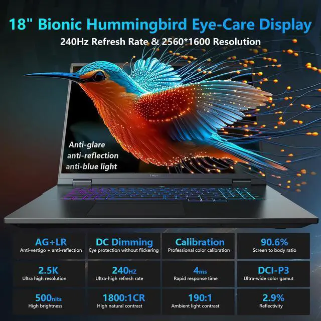 Alt view image 5 of 7 - THUNDEROBOT Zero 18 Pro Laptop, 18" QHD+, 240Hz Hummingbird Display, Intel Ultra 9 275HX, GeForce RTX 5070Ti, 64GB DDR5 RAM, 4TB SSD, Wi-Fi 6E