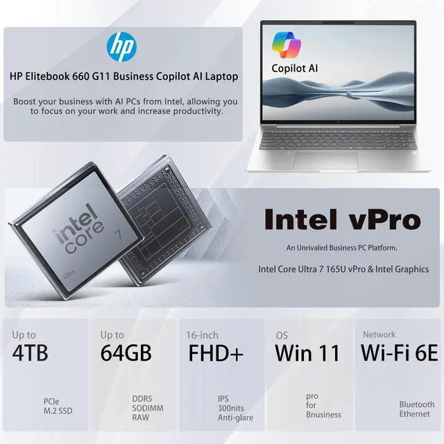 Alt view image 2 of 7 - HP Elitebook 660 G11 Business Copilot AI Laptop, 16" FHD+, Intel Core Ultra 7 165U vPro, 32GB DDR5, 1TB SSD, Wi-Fi 6E, Fingerprint, Win 11 Pro, Silver