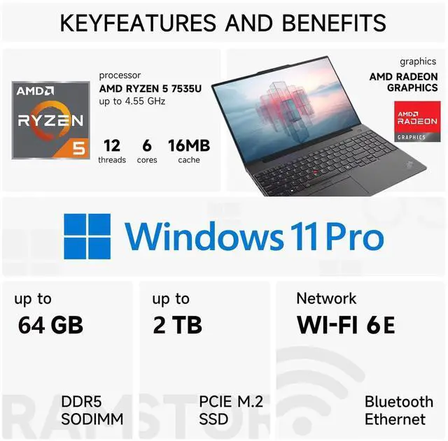 Alt view image 2 of 7 - Lenovo ThinkPad E16 Gen 2 Business Laptop, 16" FHD+ Touchscreen 60Hz, AMD Ryzen 5 7535U, 16GB DDR5, 512GB SSD, Wi-Fi 6, Windows 11 Pro, Black