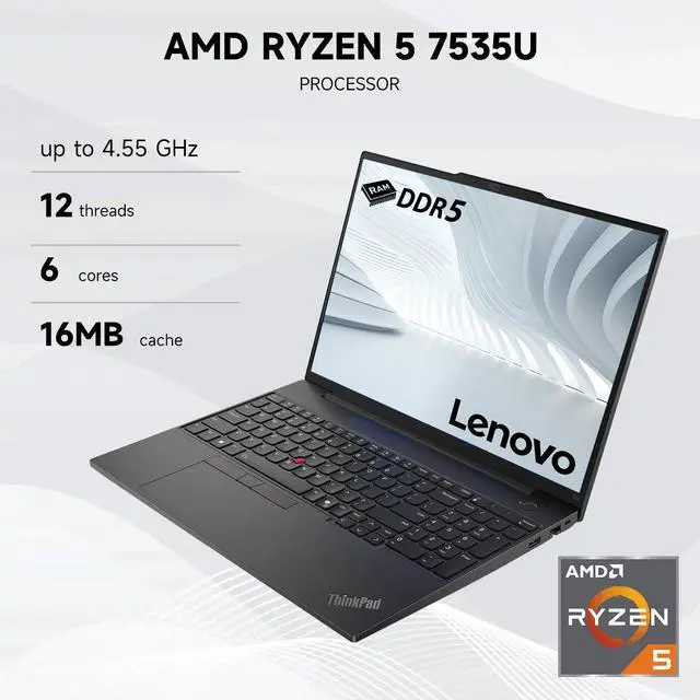 Alt view image 3 of 7 - Lenovo ThinkPad E16 Gen 2 Business Laptop, 16" FHD+ Touchscreen 60Hz, AMD Ryzen 5 7535U, 16GB DDR5, 512GB SSD, Wi-Fi 6, Windows 11 Pro, Black