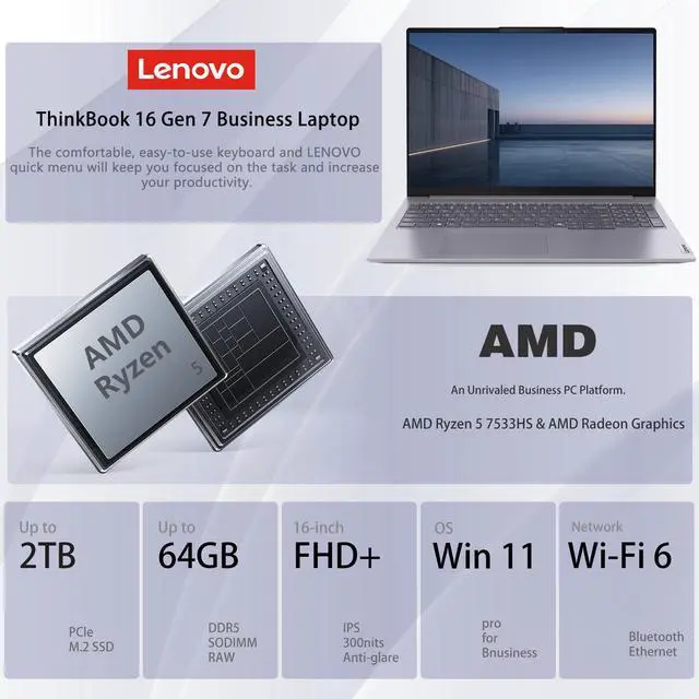 Alt view image 2 of 7 - Lenovo ThinkBook 16 Business Laptop, 16 FHD+, AMD Ryzen 5 7533HS, 32GB DDR5, 1TB SSD, Wi-Fi 6, Fingerprint, SD Card Reader, , Windows 11 Pro, Grey