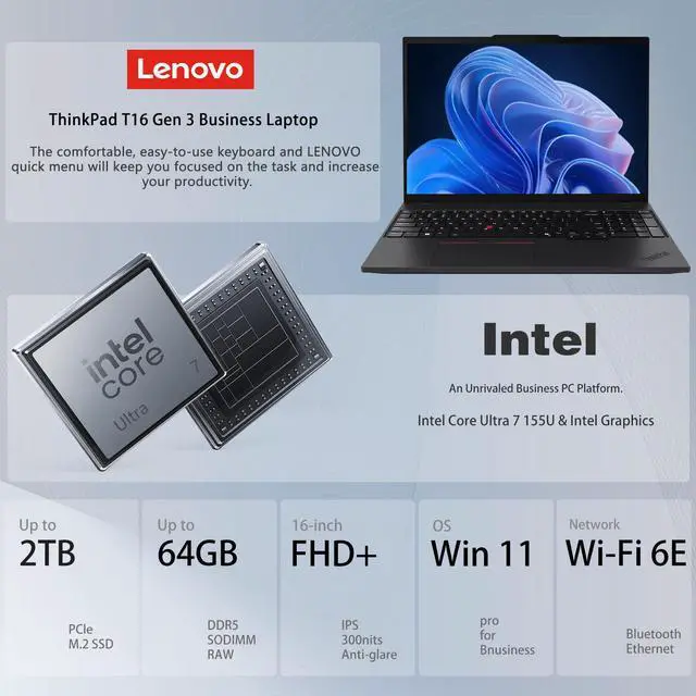 Alt view image 2 of 7 - LENOVO ThinkPad T16 Gen 3 Business Laptop, 16" FHD+, Intel Core Ultra 7 155U, 64GB DDR5, 2TB SSD, Wi-Fi 6, Windows 11 Pro, Black