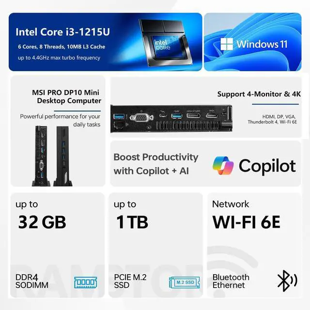 Alt view image 2 of 7 - MSI PRO DP10 Mini Desktop Computer, Intel 6-Core Processor, 16GB RAM, 256GB SSD, Support 4-Monitor 4K, Wi-Fi 6E, Wired KB & Mouse, Windows 11 Pro, Black