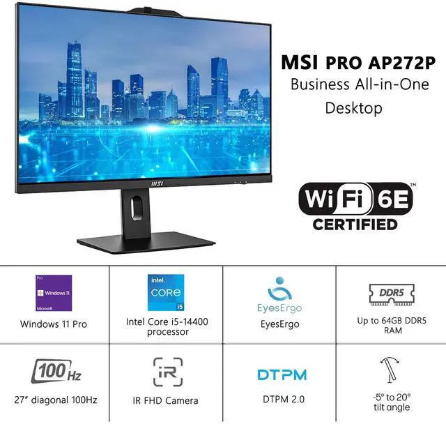 Alt view image 2 of 7 - MSI PRO AM272P Business All-in-One, 27" FHD (1920 x 1080) , Intel Core i5-14400, 64GB DDR5 RAM, 1TB SSD, Wi-Fi 6E, IR FHD Webcam, HDMI, Windows 11 Pro, Black