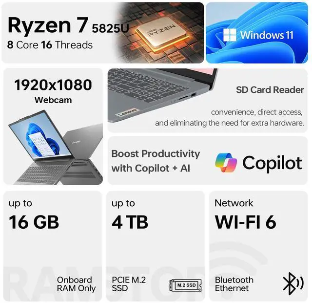 Alt view image 2 of 7 - Lenovo IdeaPad Slim 3 Business Laptop, 15.6" FHD, AMD Ryzen 7 5825U, 16GB Onboard RAM, 512GB SSD, Wi-Fi 6, Webcam, Backlit, W11 Pro, Copilot & AI ProductivityD