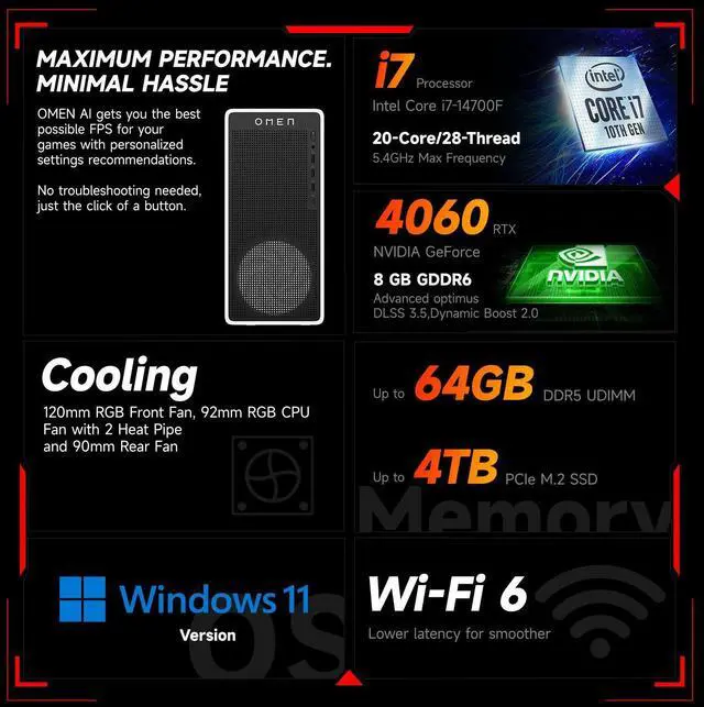 Alt view image 5 of 7 - HP OMEN 16L i7 RTX 4060 Gaming Desktop, Intel i7-14700F, NVIDIA RTX 4060, 64GB DDR5 RAM, 1TB SSD, DP, RJ-45,Windows 11 Home, White