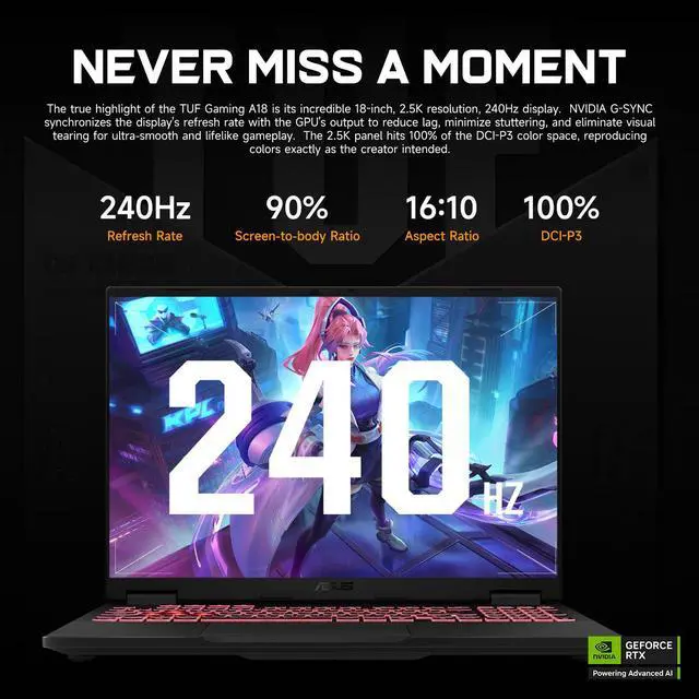Alt view image 4 of 7 - ASUS TUF A18 5070 Gaming Laptop, 18" WQXGA 240Hz Display, AMD Ryzen 7 260, NVIDIA RTX 5070, 16GB RAM, 1TB SSD, RGB Backlit KB, Windows 11, Grey