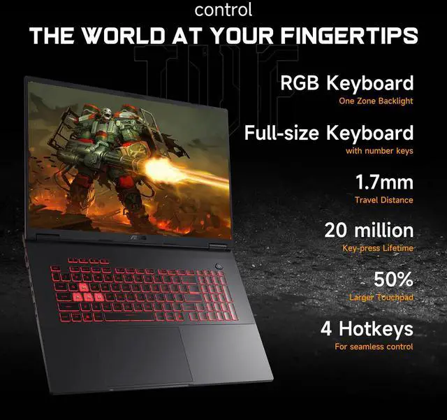 Alt view image 7 of 7 - ASUS TUF A18 5070 Gaming Laptop, 18" WQXGA 240Hz Display, AMD Ryzen 7 260, NVIDIA RTX 5070, 16GB RAM, 1TB SSD, RGB Backlit KB, Windows 11, Grey