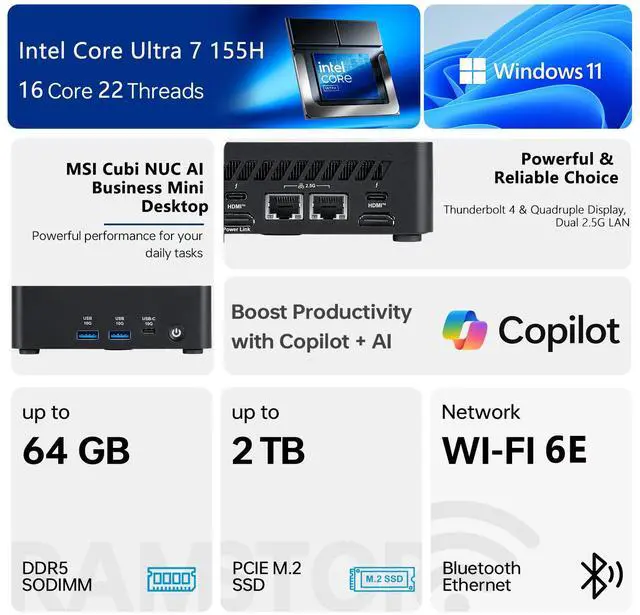 Alt view image 2 of 7 - MSI Cubi NUC AI Business Mini Desktop, Intel Core Ultra 7 155H, 32GB DDR5, 1TB SSD, 2 x HDMI, Dual 2.5G LAN, Wi-Fi 6E, Windows 11 Pro, Black