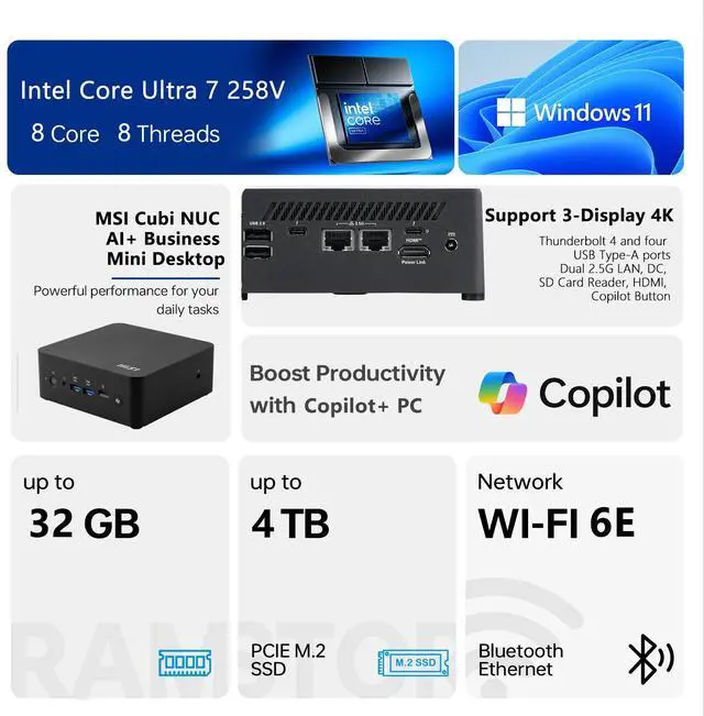 Alt view image 2 of 7 - MSI Cubi NUC AI Business Mini Desktop, Intel Core Ultra 9 288V, 32GB LPDDR5X, 1TB SSD, Fingerprint, Thunderbolt 4, HDMI, Dual LAN, Wi-Fi 6E, Windows 11 Pro, Black