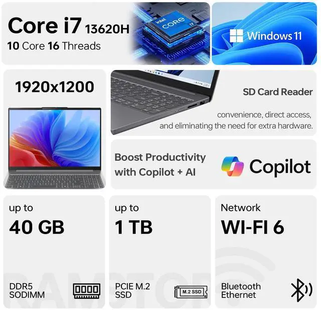 Alt view image 2 of 7 - Lenovo IdeaPad Slim 3 Business Copilot AI Laptop, 15.3" FHD+ 1920×1200, Intel Core i7-13620H, 8GB DDR5 RAM, 512GB SSD, Wi-Fi 6, Webcam, No OS, Grey