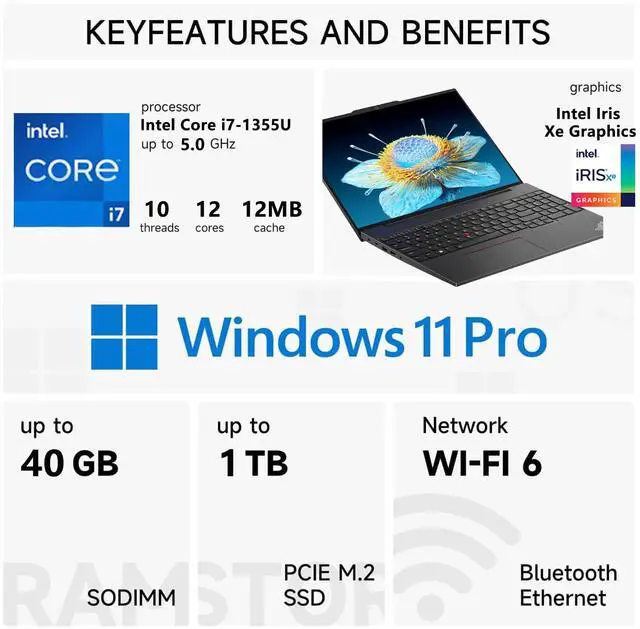 Alt view image 2 of 7 - Lenovo ThinkPad E16 Gen 1 Business Laptop, 16" FHD+ Touchscreen, Intel Core i7-1355U, 16GB RAM, 1TB SSD, Wi-Fi 6, Windows 11 Pro, Black