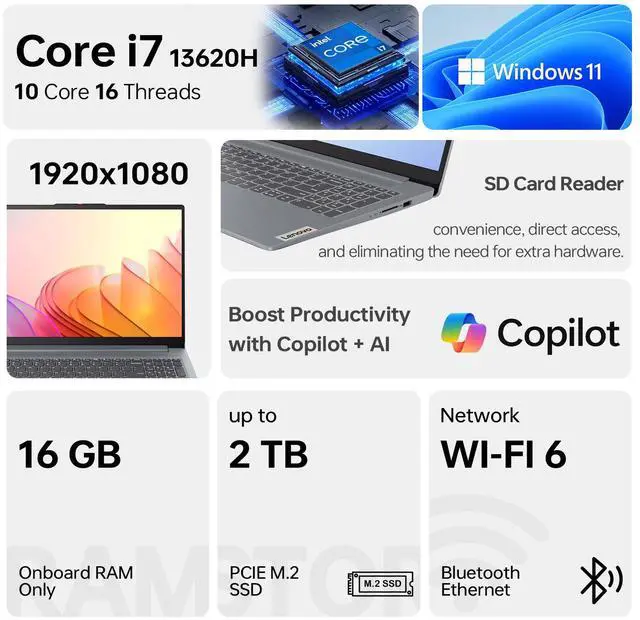 Alt view image 2 of 7 - Lenovo IdeaPad Slim 3 Business AI Laptop, 15.6" FHD Display, Intel Core i7-13620H, 16GB RAM, 1TB SSD, Wi-Fi 6, Windows 11 Home, SD Card Reader, Copilot Ready, Grey