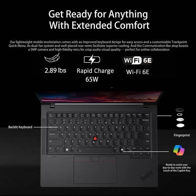 Alt view image 5 of 7 - Lenovo ThinkPad P14s AI Capable Business Laptop, 14" FHD+ Display, AMD Ryzen 7 PRO 8840HS, 64GB DDR5, 4TB SSD, Fingerprint, Backlit KB, HDMI, Wi-Fi 6E, Windows 11 Pro,Black