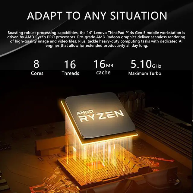 Alt view image 3 of 7 - Lenovo ThinkPad P14s AI Capable Business Laptop, 14" FHD+ Display, AMD Ryzen 7 PRO 8840HS, 64GB DDR5, 4TB SSD, Fingerprint, Backlit KB, HDMI, Wi-Fi 6E, Windows 11 Pro,Black