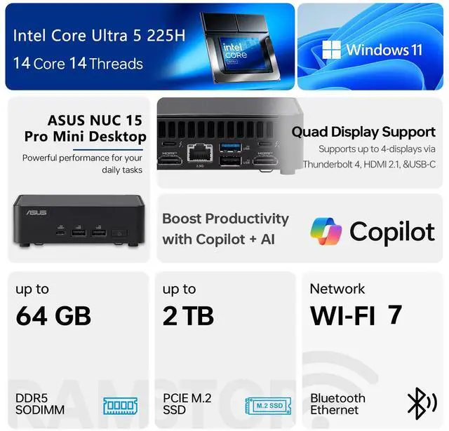 Alt view image 2 of 7 - ASUS NUC 15 Pro Business Mini Desktop, Intel Core Ultra 5 225H, 16GB DDR5, 512GB SSD, Support 4-Display 4K, Thunderbolt 4, HDMI, Wi-Fi 7, Windows 11 Pro, Black