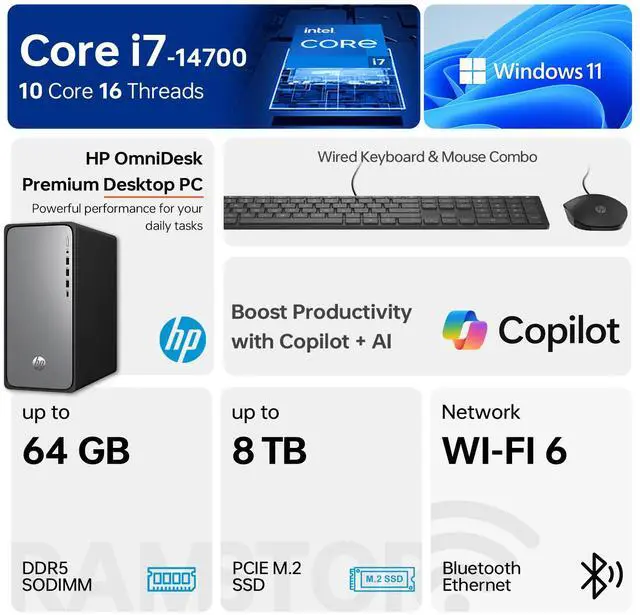 Alt view image 2 of 7 - HP OmniDesk Premium Business Desktop, Intel Core i7-14700, 16GB DDR5, 2TB SSD, Wired KB & M, Wi-Fi 6, W11P, Copilot Ready, AI-Enhanced Performance, Black