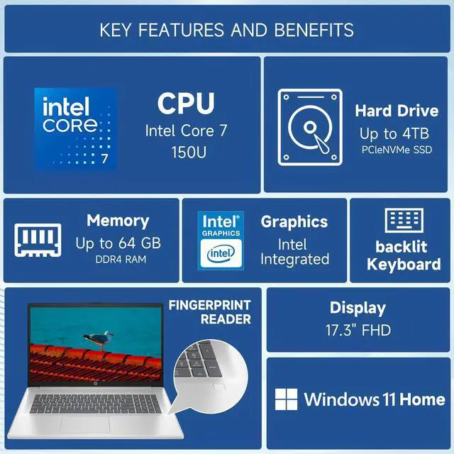 Alt view image 2 of 6 - HP Essential Laptop, 17.3" FHD 1920*1080, Intel Core 7 150U, 16GB RAM, 2TB SSD, FP Reader, Backlit KB, Webcam, Wi-Fi 6, Windows 11 Home, Silver