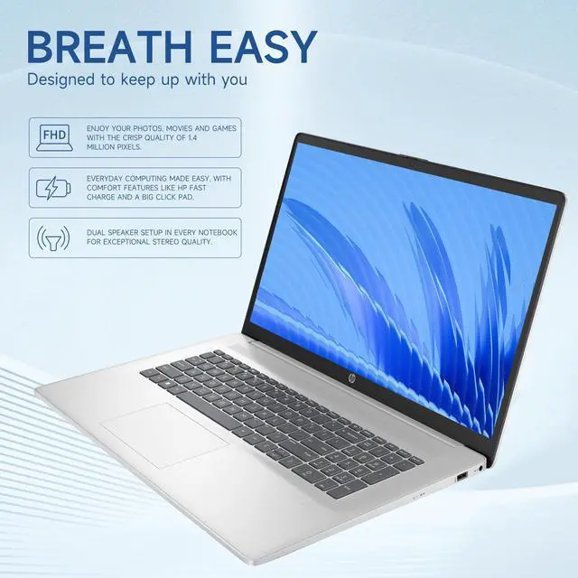 Alt view image 4 of 6 - HP Essential Laptop, 17.3" FHD 1920*1080, Intel Core 7 150U, 16GB RAM, 2TB SSD, FP Reader, Backlit KB, Webcam, Wi-Fi 6, Windows 11 Home, Silver