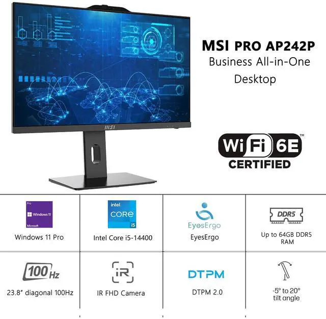 Alt view image 2 of 7 - MSI PRO Business All-in-One Desktop, 23.8" FHD 100Hz, Intel Core i5-14400, 16GB DDR5, 512GB SSD, Wi-Fi 6E, Wireless KB & Mouse, Windows 11 Pro, Black