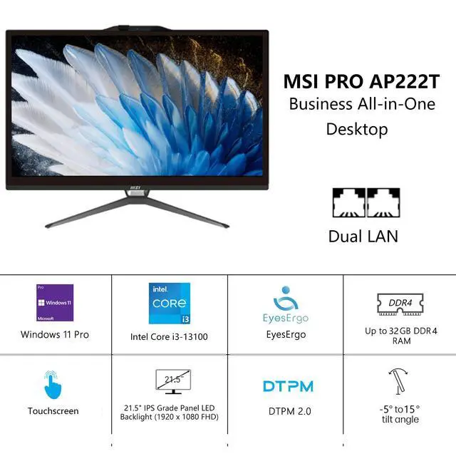 Alt view image 2 of 7 - MSI PRO Business All-in-One Desktop, 21.5" FHD Touchscreen, Intel Core i3-13100, 16GB RAM, 512GB SSD, Card Reader, Dual LAN, Wi-Fi, Wired KB & Mouse, Windows 11 Pro, Black