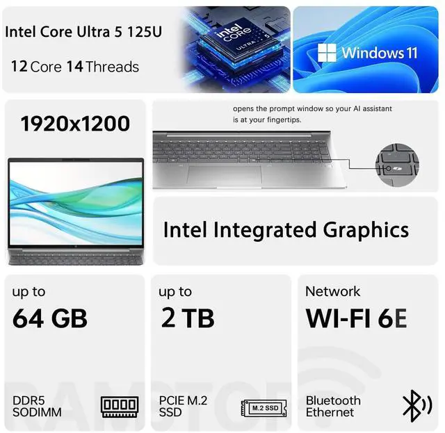 Alt view image 2 of 7 - HP ProBook 460 G11 Business Laptop, 16" FHD+ Display, Intel Core Ultra 5 125U, 16GB DDR5, 512GB SSD, Type-C, HDMI, Webcam, Wi-Fi 6E, Windows 11 Pro, Pike Silver