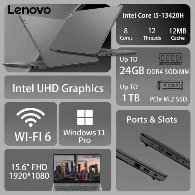 Alt view image 2 of 7 - Lenovo V15 G4 Laptop, 15.6 FHD Display, Intel Core i5-13420H, 16GB RAM, 512GB SSD, Business & Student Laptop for Office, School, Home Use, Windows 11 Home, Grey