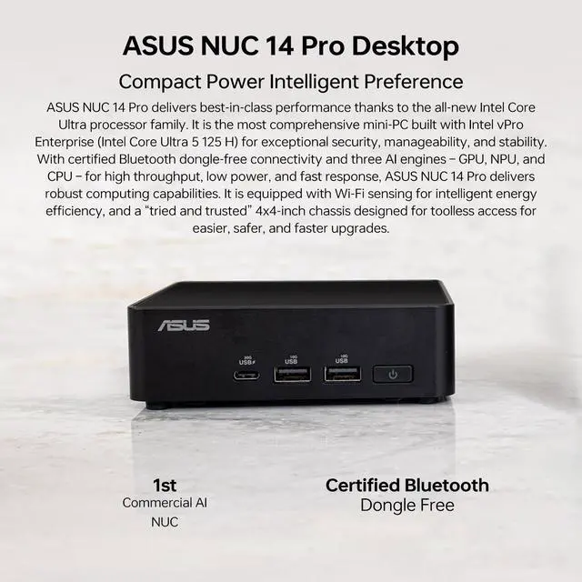 Alt view image 4 of 7 - ASUS NUC NUC 14 Pro Mini Desktop, Intel Core Ultra 7 155H, 16GB DDR5, 512GB SSD, Wi-Fi 6E, Support 4-Display 4K, Thunderbolt 4, Windows 11 Pro, Black