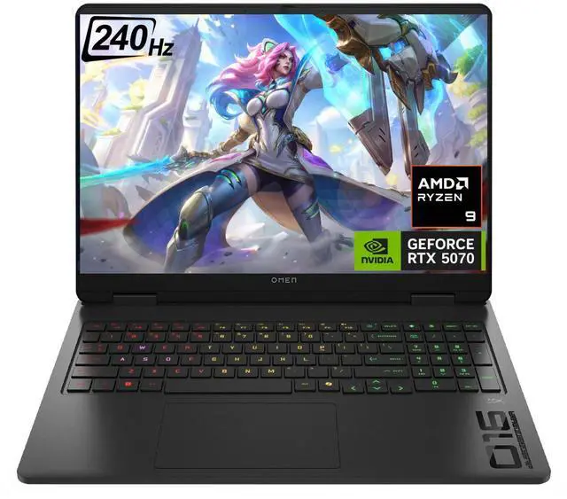 Main image of HP Omen RTX 5070 Gaming Laptop, 16.1" WQXGA 240Hz, AMD Ryzen 9 8940HX, NVIDIA GeForce RTX 5070, 64GB DDR5 RAM, 4TB SSD, RGB Backlit KB, Low Blue Light, RJ-45, Black, Windows 11 Home