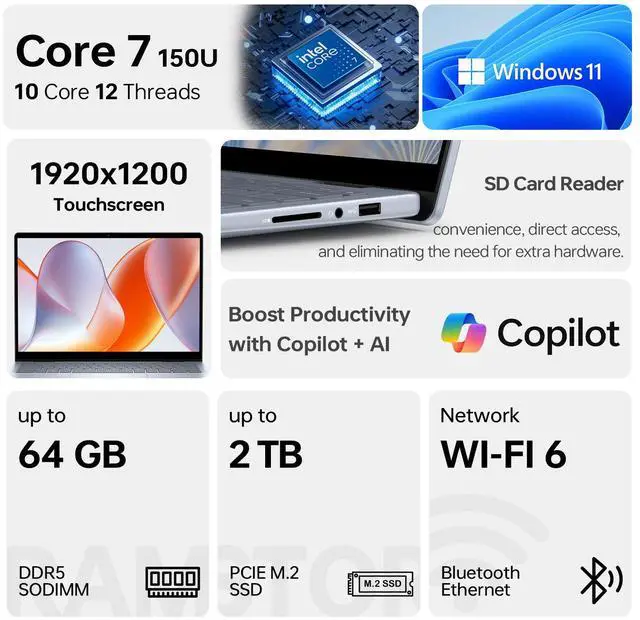 Alt view image 2 of 6 - Dell Inspiron 7000 2-in-1 Business Laptop, 14" FHD+ Touchscreen, Intel Core 7 150U, 32GB DDR5 RAM, 2TB SSD, Wi-Fi 6, Windows 11 Pro, Copilot AI-Ready, Blue