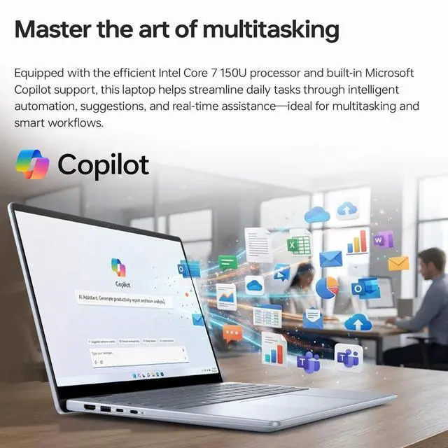 Alt view image 4 of 6 - Dell Inspiron 7000 2-in-1 Business Laptop, 14" FHD+ Touchscreen, Intel Core 7 150U, 32GB DDR5 RAM, 2TB SSD, Wi-Fi 6, Windows 11 Pro, Copilot AI-Ready, Blue