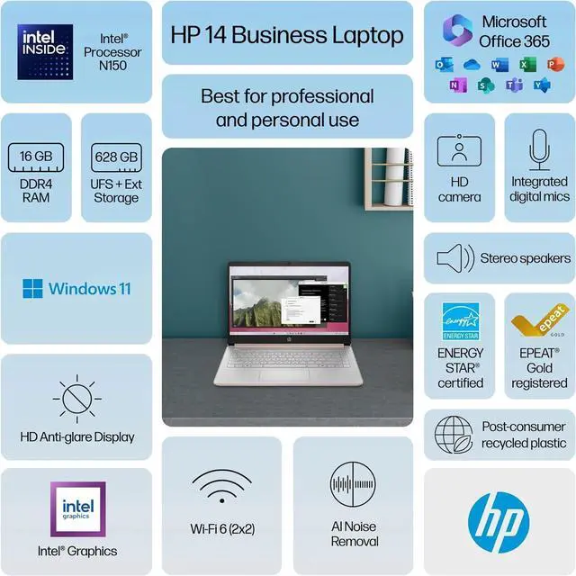 Alt view image 2 of 7 - HP 14 Laptop Student Business 2025 Flagship, AI Copilot, 4-Core 13th Gen Intel CPU, 16GB RAM, 128GB UFS Storage, 1-Yr Office 365, Webcam, HDMI, Long Battery, Win 11S, Rose Gold