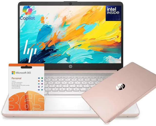 Main image of HP 14 Laptop Student Business 2025 Flagship, AI Copilot, 4-Core 13th Gen Intel CPU, 16GB RAM, 128GB UFS Storage, 1-Yr Office 365, Webcam, HDMI, Long Battery, Win 11S, Rose Gold