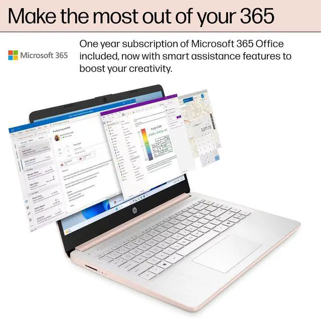 Alt view image 3 of 7 - HP 14 Laptop Student Business 2025 Flagship, AI Copilot, 4-Core 13th Gen Intel CPU, 16GB RAM, 128GB UFS Storage, 1-Yr Office 365, Webcam, HDMI, Long Battery, Win 11S, Rose Gold