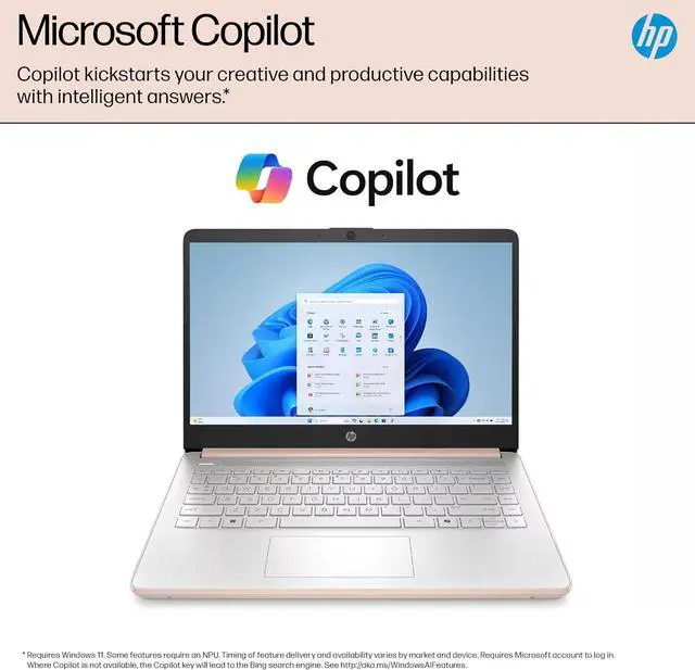 Alt view image 4 of 7 - HP 14 Laptop Student Business 2025 Flagship, AI Copilot, 4-Core 13th Gen Intel CPU, 16GB RAM, 128GB UFS Storage, 1-Yr Office 365, Webcam, HDMI, Long Battery, Win 11S, Rose Gold