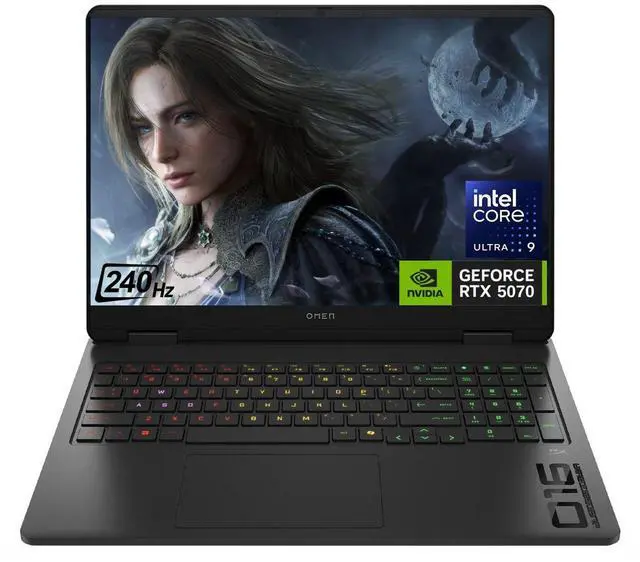 Main image of HP Omen RTX 5070 Gaming Laptop, 16" WQXGA 240Hz, Intel Core Ultra 9 285H, NVIDIA GeForce RTX 5070, 32GB DDR5 RAM, 1TB SSD, RGB Backlit KB, Low Blue Light, RJ-45, Black, Windows 11 Home