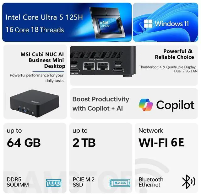 Alt view image 2 of 6 - MSI Cubi NUC Business Mini Desktop, Intel Core Ultra 5 125H, 16GB DDR5, 512GB SSD, Support 4-Display & 4K, Wi-Fi 6, Windows 11 Pro, Black
