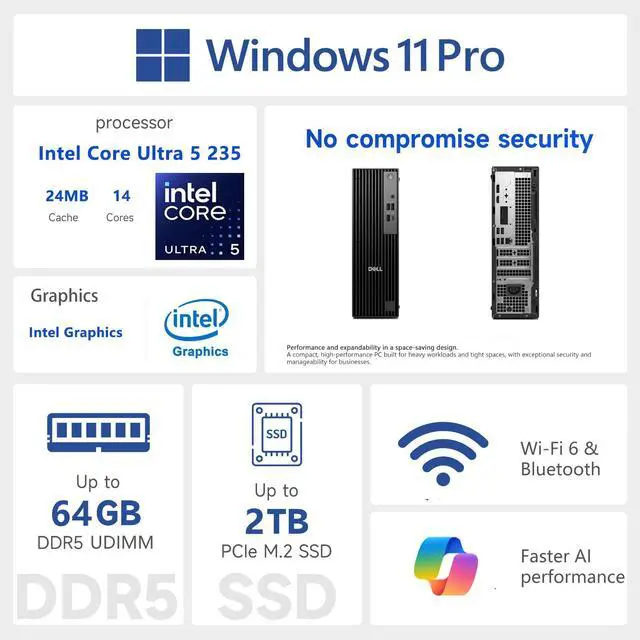 Alt view image 2 of 7 - Dell Pro Slim Business MFF Desktop, Intel Core Ultra 5 235, 16GB DDR5, 256GB SSD, Wi-Fi 6, Windows 11 Pro, Black