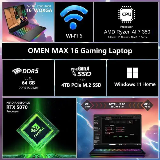 Alt view image 2 of 7 - HP Omen MAX RTX 5070 Gaming Laptop, 16" WQXGA 240Hz, AMD Ryzen AI 7 350, 64GB DDR5 RAM, 4TB SSD, RGB Backlit KB, Low Blue Light, Wi-Fi 6, Windows 11 Home, Black