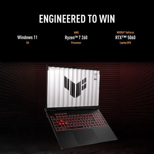 Alt view image 2 of 7 - ASUS TUF A16 RTX 5060 Gaming Laptop, 16" FHD+ 165Hz Display, AMD Ryzen 7 260, NVIDIA RTX 5060, 64GB DDR5 RAM, 4TB SSD, RGB Backlit KB, RJ-45, Wi-Fi 6, Windows 11 Pro, Grey