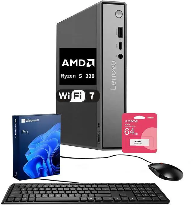 Main image of Lenovo ThinkCentre Neo 55q Business MFF Desktop, AMD Ryzen 5 220, 8GB DDR5, 512GB SSD, Wi-Fi 7, Support 3-Monitor 4K, HDMI, DP, Wired KB & Mouse, Win 11 Pro, w/Bundle
