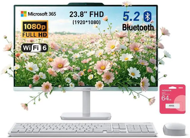 Main image of Lenovo 24 FHD A100 All-in-One Desktop Computer for Home Office, 8GB RAM, 512GB SSD, Microsoft Copilot AI, Intel Core i3-N305, Wireless KB & Mouse, Support Dual Display, Win11, White, w/ 64GB USB