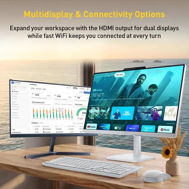 Alt view image 4 of 7 - Lenovo 24 FHD A100 All-in-One Desktop Computer for Home Office, 8GB RAM, 512GB SSD, Microsoft Copilot AI, Intel Core i3-N305, Wireless KB & Mouse, Support Dual Display, Win11, White, w/ 64GB USB
