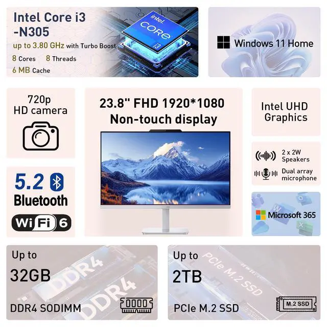 Alt view image 2 of 7 - Lenovo 24 FHD A100 All-in-One Desktop Computer for Home Office, 8GB RAM, 512GB SSD, Microsoft Copilot AI, Intel Core i3-N305, Wireless KB & Mouse, Support Dual Display, Win11, White, w/ 64GB USB