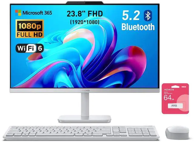 Main image of Lenovo 24 FHD A100 All-in-One Business Desktop, 8GB RAM, 512GB SSD, Microsoft Copilot AI, Intel Core i3-N305, Wireless KB & Mouse, Support Dual Display, WindowS 11 Pro, White, w/ 64GB USB