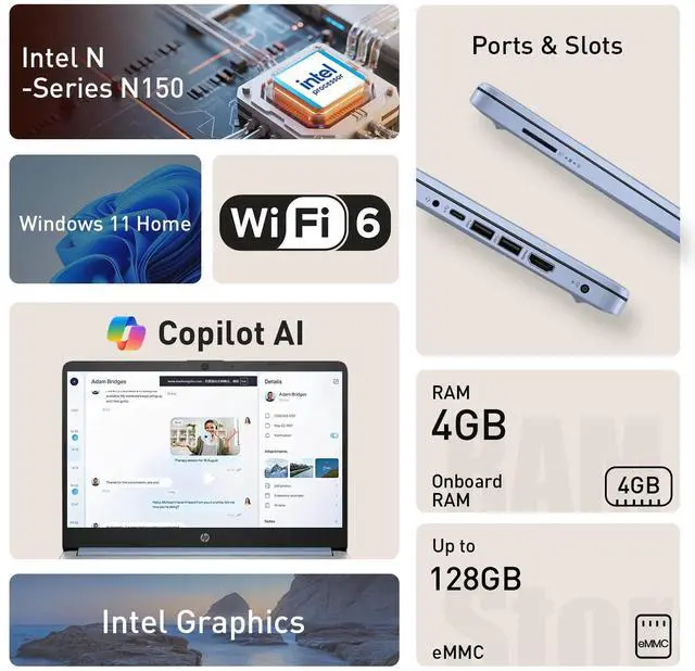 Alt view image 2 of 7 - HP dq6012dx 14" Laptop, Intel N150 Processor (Up to 3.6GHz), 4GB RAM, 128GB eMMC Storage, 14-inch Micro-Edge Display, Wi-Fi 6, Webcam, HDMI, Windows 11 Home in S Mode, Blue, Bundle PCO Cooler (Blue)